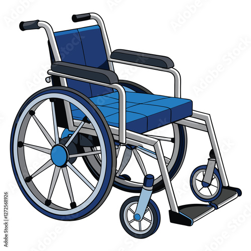 A photorealistic rendering of a detailed, foldable wheelchair with comfortable cushioning, emphasizing its lightweight design and ease of use.