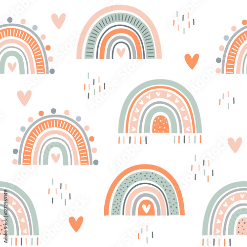 Neutral nursery doodle rainbow design for decoration. Seamless hand drawn pattern  vector illustration.