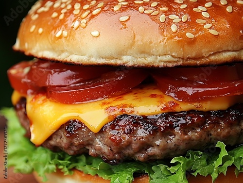 Juicy cheeseburger with fresh lettuce, tomatoes, and ketchup on a sunny day