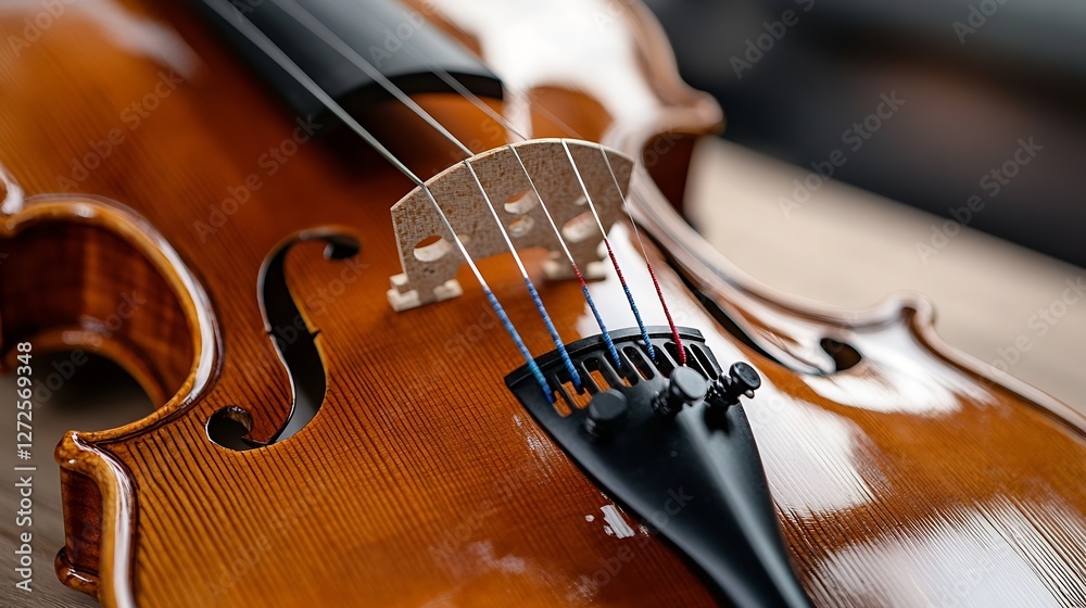 Fototapeta premium Detailed Image of Violin with Strings and Bridge Showcasing Musical Craftsmanship : Generative AI