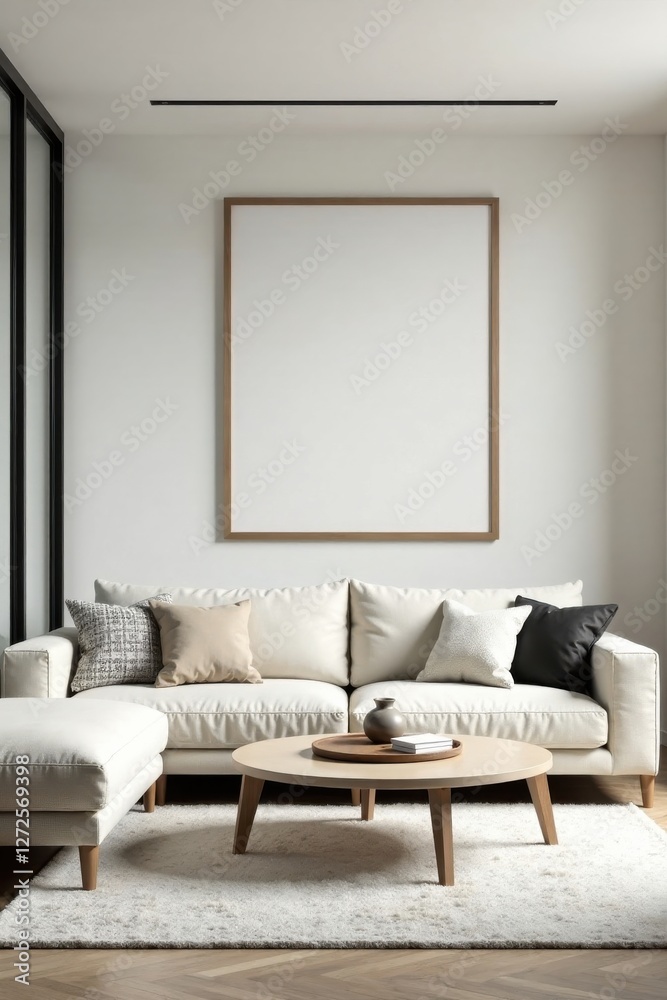 Fototapeta premium Modern Minimalist Living Room Interior Design with a Large Blank Canvas for Artwork Above a Comfortable Sectional Sofa and Round Coffee Table