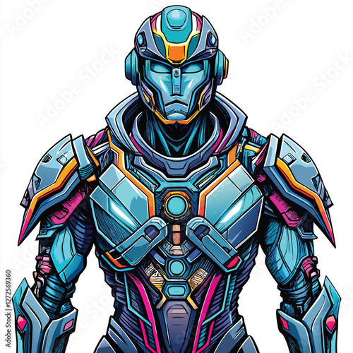 A highly detailed rendering of a futuristic exoskeleton suit, showcasing intricate mechanical joints and advanced technology.  Emphasis on metallic textures and sleek design.