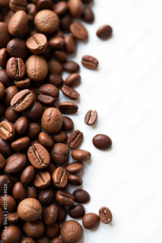 Scattered cocoa beans, rich brown hues, oval shapes on white , picture, texture, macro Scattered cocoa beans, rich brown hues, oval shapes on white , picture, texture, macro
