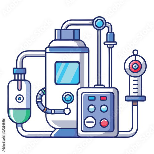 Hand-drawn illustration of an anesthesia machine, showcasing detailed breathing circuit components.  Include ventilator, vaporizer, and pressure gauges.