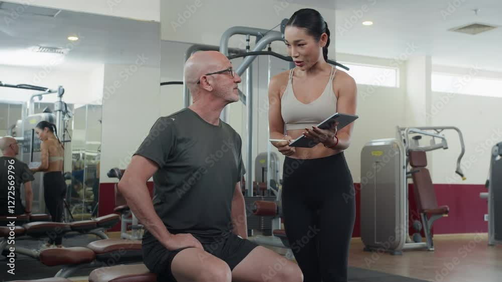 Medium long shot of young female coach in sportswear using digital tablet while explaining training plan to mature Caucasian man visiting gym in first time Medium long shot of young female coach in sportswear using digital tablet while explaining training plan to mature Caucasian man visiting gym in first time