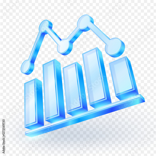 3D data analysis icon. Graph material is transparent blue glass. Isolated on white background. Vector illustration file.