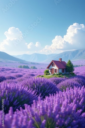 Small dwelling amidst a vast lavender expanse, isolated, architecture, nature