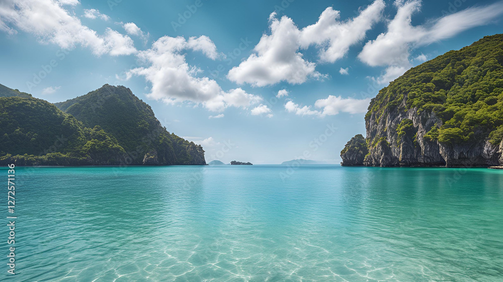 Fototapeta premium Crystal clear sea water bay. Pristine ocean lagoon water and sunny cloudy sky.