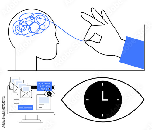 Hand untangling brain confusion, emails on computer, binary code focus, clock in eye. Ideal for mental clarity, focus, productivity, time management, problem-solving AI tools abstract line flat