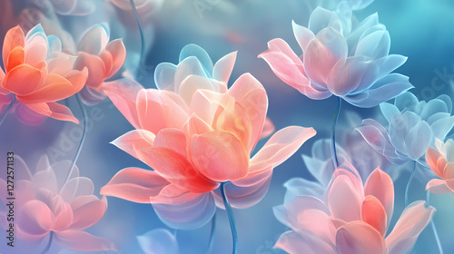 Ethereal floating flowers with luminous petals in vibrant colors. Floating Luminous Petals. Illustration