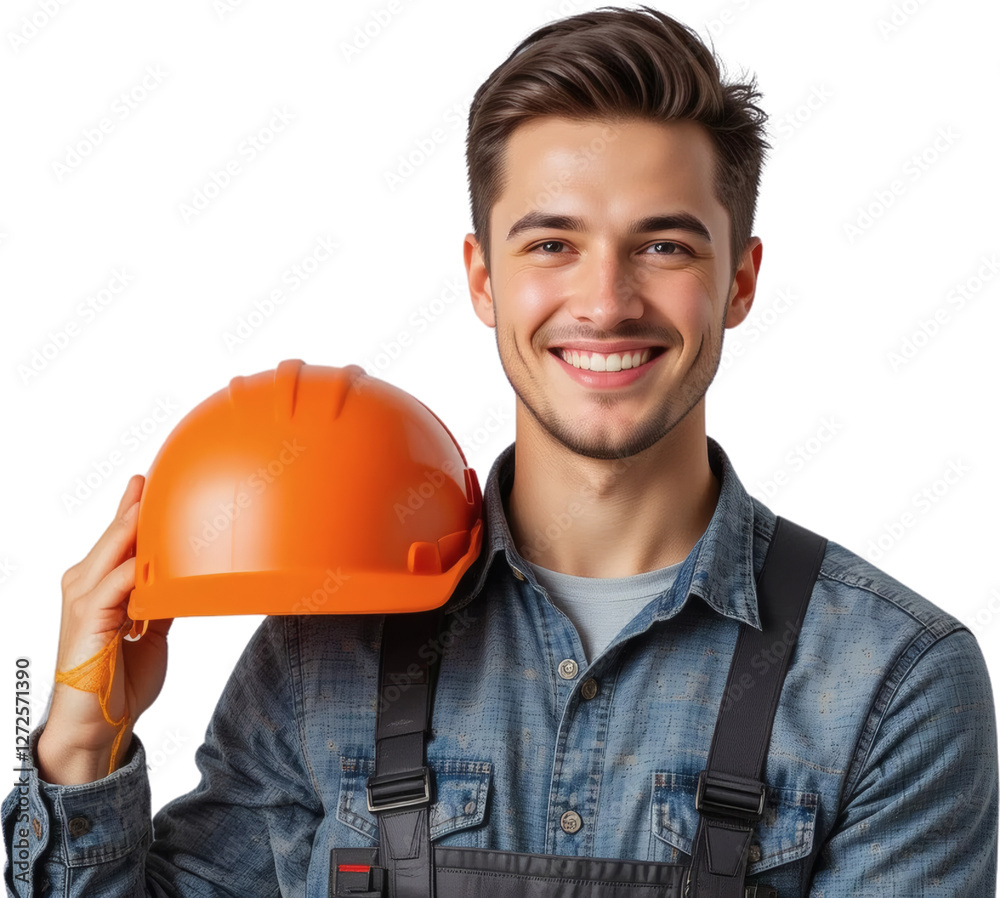 Happy Young Male Construction Worker with Orange Hard Hat Smiling Portrait Happy Young Male Construction Worker with Orange Hard Hat Smiling Portrait