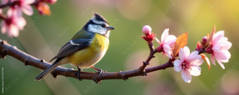 Tiny titmouse perched on blossoming cherry branch , delicate, peaceful, outdoors Tiny titmouse perched on blossoming cherry branch , delicate, peaceful, outdoors