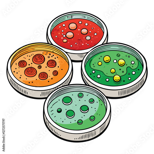 Detailed hand-drawn illustration of various petri dishes showcasing diverse bacterial cultures; scientific accuracy emphasized.