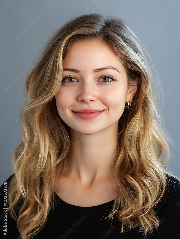 Fototapeta premium Bright and Cheerful Portrait of a Young Woman with Wavy Hair Smiling at the Camera Against a Soft Gray Background : Generative AI