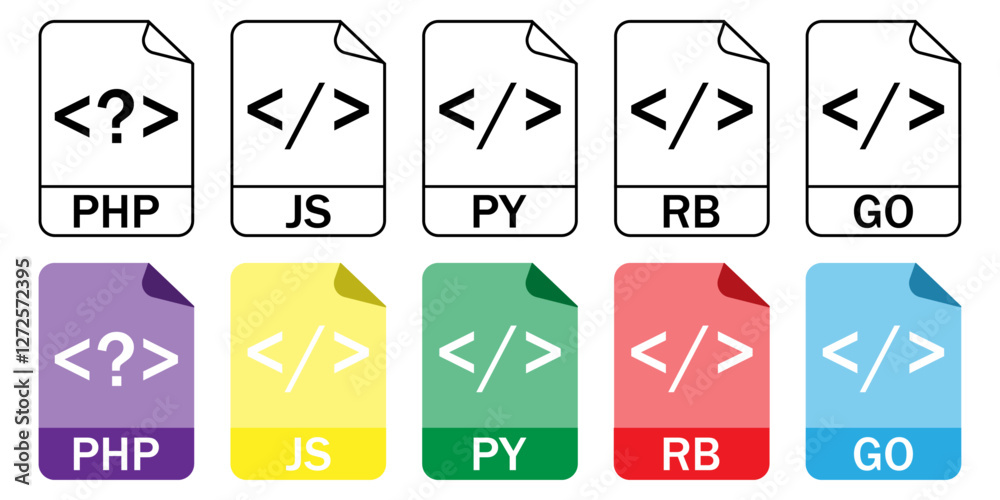Collection of scripting and programming file format icons (PHP, JS, PY, RB, GO) in outline and color styles. Ideal for wen development and coding projects. Collection of scripting and programming file format icons (PHP, JS, PY, RB, GO) in outline and color styles. Ideal for wen development and coding projects.