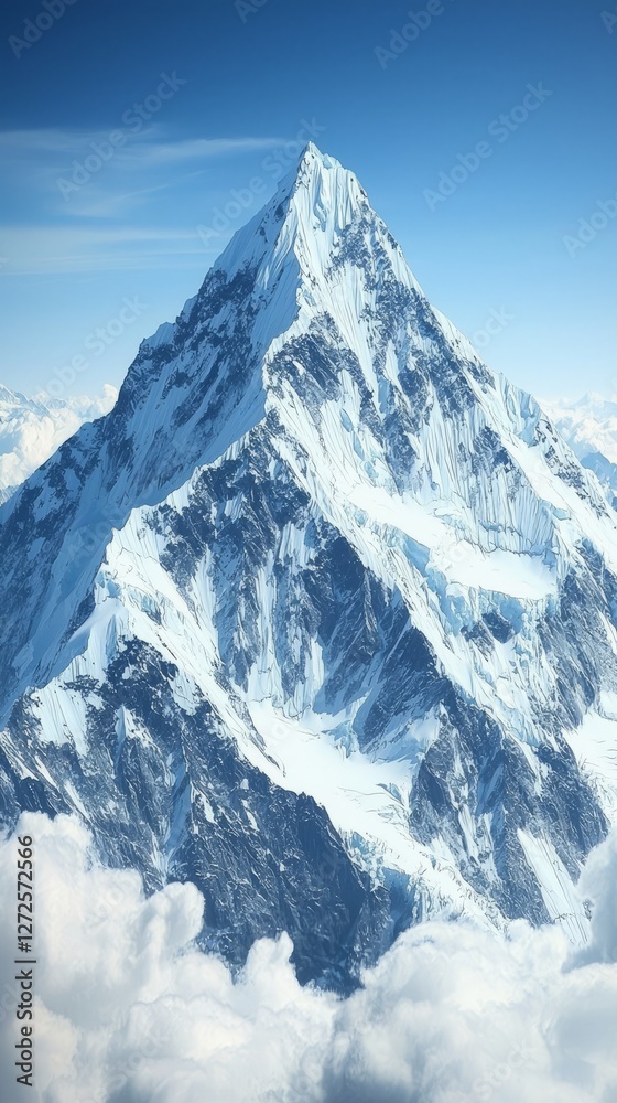 Obraz premium Majestic snow-capped mountain peak rising above fluffy clouds under clear sky
