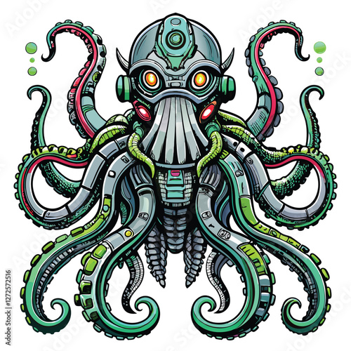 Hand-drawn illustration of a robotic octopus, featuring detailed cybernetic enhancements on one tentacle.  Emphasis on intricate linework and mechanical details.