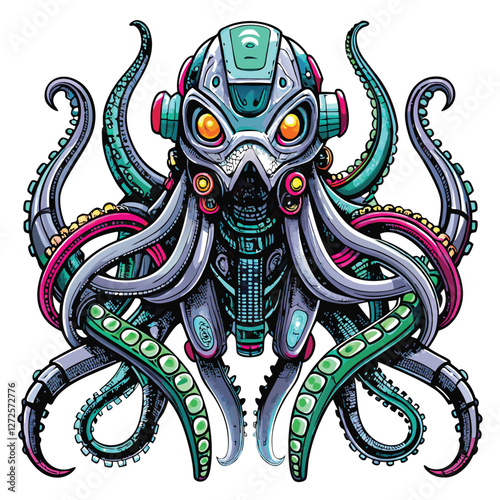 A whimsical hand-drawn illustration of a robotic octopus, featuring cybernetic enhancements on one tentacle, detailed textures, and a playful expression.