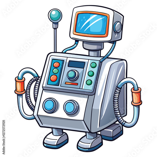 Hand-drawn illustration of a medical ventilator, featuring a detailed digital screen display, showcasing its mechanical parts with a sketchy style.