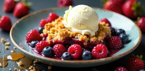 Honey and Berry Crumble with Vanilla Ice Cream, crumble, whipped