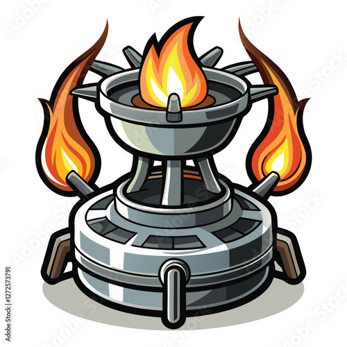 Generate a highly detailed, photorealistic image of a Bunsen burner with vibrant, realistic gas flames in full color.  Show intricate metalwork and accurate flame characteristics.