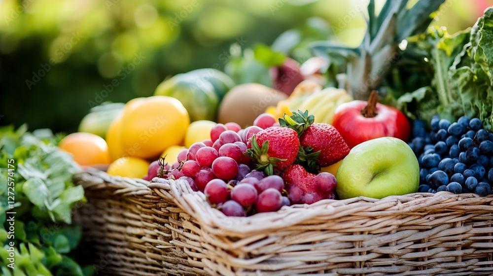Vibrant assortment of fresh fruits in a wicker basket outdoors : Generative AI Vibrant assortment of fresh fruits in a wicker basket outdoors : Generative AI