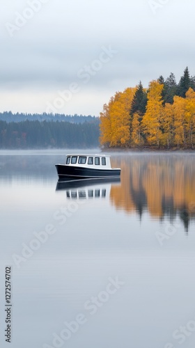 Misty lake, autumn colors, boat resting on placid water