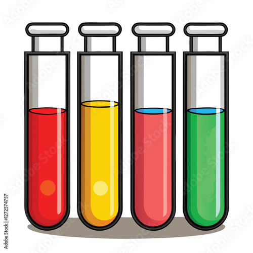 Highly detailed macro photograph of colorful chemical liquids in glass test tubes, showcasing vibrant hues and intricate liquid textures.