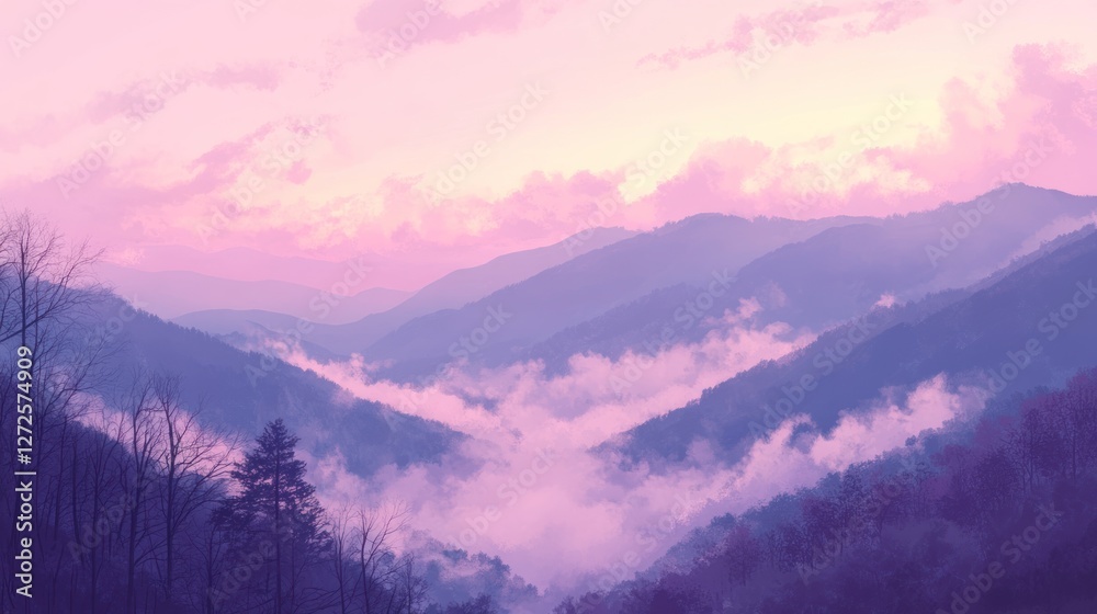 Fototapeta premium Misty Mountains Sunset Purple Hues Landscape
