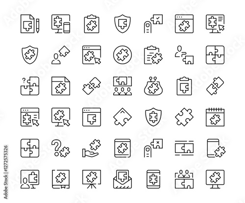 Puzzle icons. Outline symbols collection. Premium vector line icons set