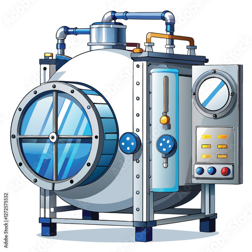 Render a photorealistic image of a medical autoclave sterilizer in operation, showing escaping steam and control panel details.