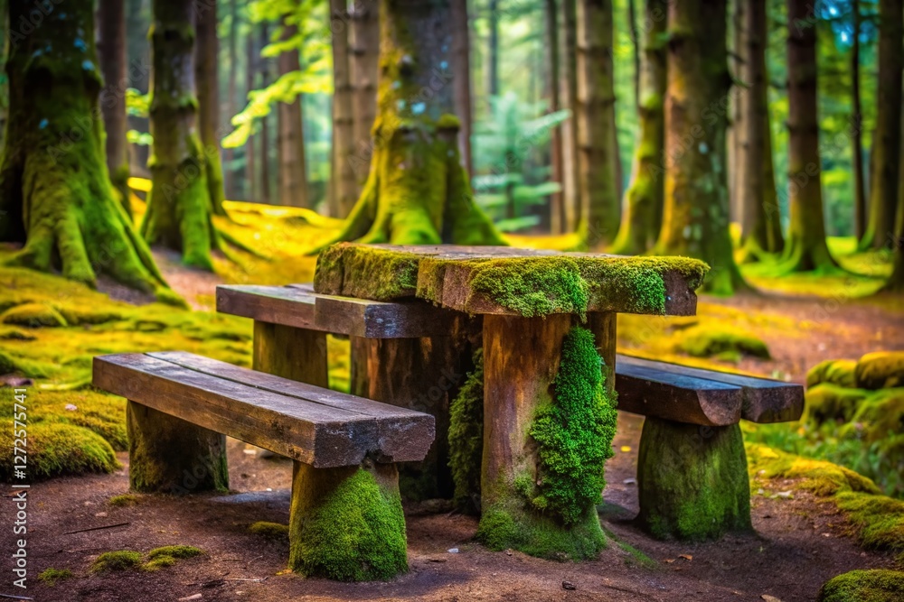 Naklejka premium Rustic Forest Picnic: Tree Trunk Table & Chairs Macro Photography