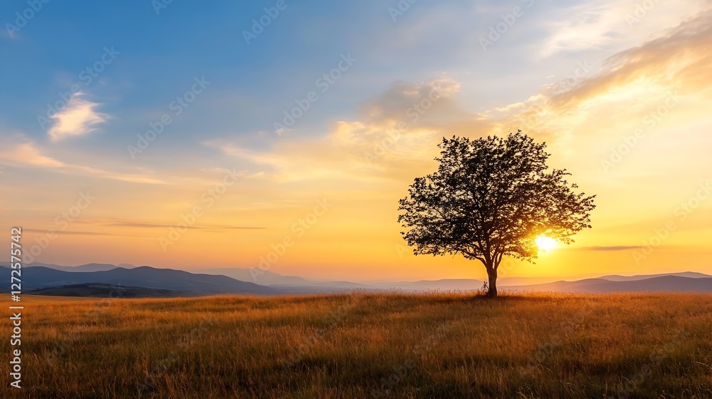 Serene sunset landscape featuring a solitary tree in a vast field under a colorful sky : Generative AI Serene sunset landscape featuring a solitary tree in a vast field under a colorful sky : Generative AI