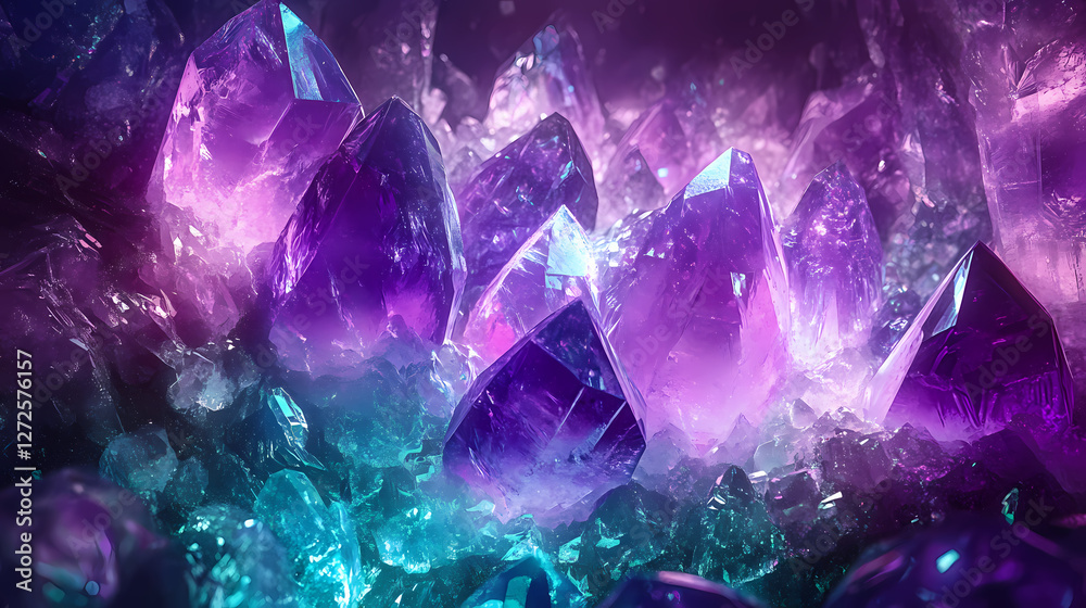 Glowing caverns of amethyst and emerald light in futuristic crystal depths. Radiant Crystal Caverns. Illustration Glowing caverns of amethyst and emerald light in futuristic crystal depths. Radiant Crystal Caverns. Illustration
