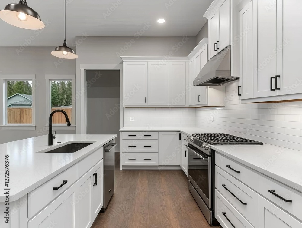 Fototapeta premium Modern kitchen interior with white cabinets and stainless steel appliances, bright ambiance