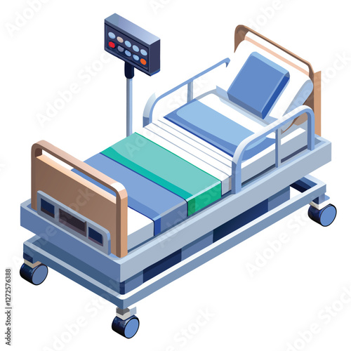 Generate a photorealistic image of a modern hospital bed with adjustable height and side rails, showcasing its functionality and clean design.  (1) indicates a single bed.
