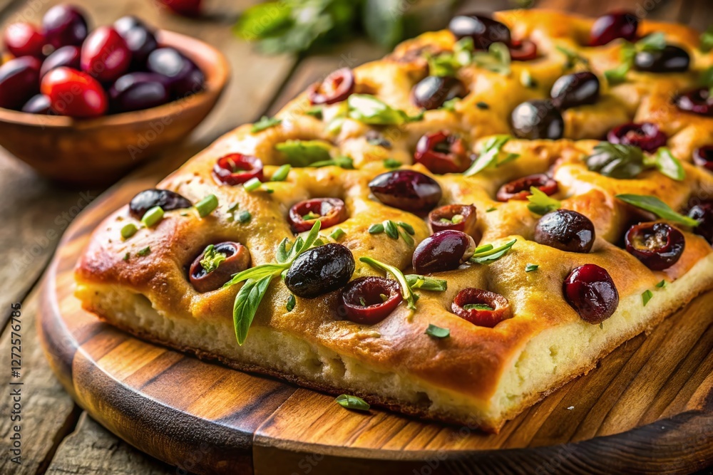 Rustic Italian Focaccia Bread with Assorted Olives - Gourmet Food Photography Rustic Italian Focaccia Bread with Assorted Olives - Gourmet Food Photography
