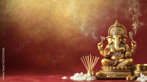 modern design with maroon to gold gradient background Tamil Puthandu, on the right side there is a gold image of Lord Ganesha with jasmine flower accents