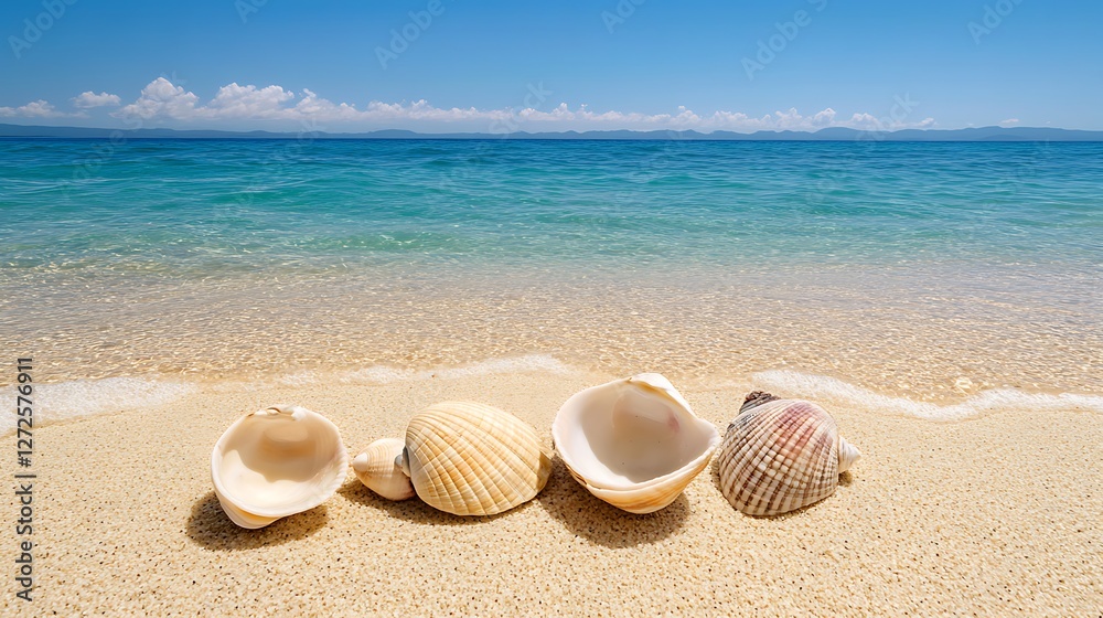Seashells on sand with ocean view, for travel promo, holiday mood or relaxation therapy Seashells on sand with ocean view, for travel promo, holiday mood or relaxation therapy