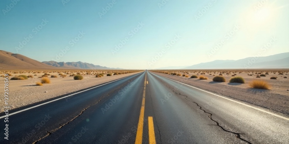 Fototapeta premium Endless Asphalt Highway Stretching Across a Desolate, Sun-Drenched Desert Landscape Under a Clear Blue Sky