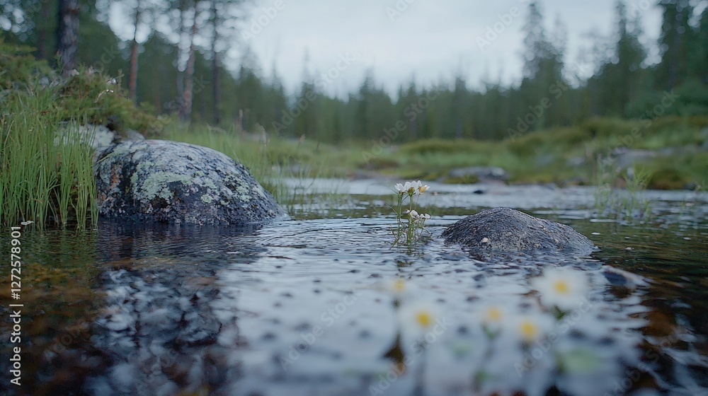 Fototapeta premium Small white wildflowers grow in a shallow forest stream flowing through a pine woodland under an overcast sky.