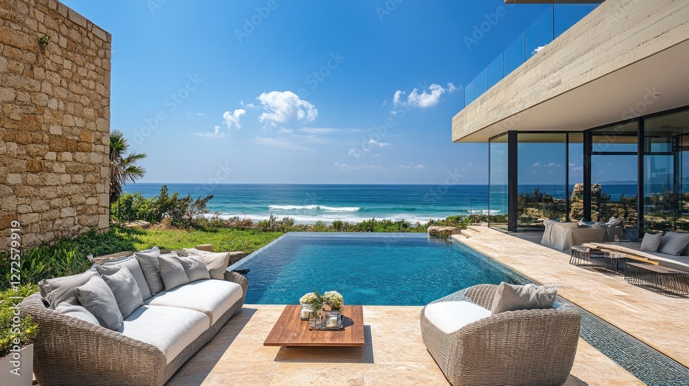 Fototapeta premium Modern Oceanfront Villa With Infinity Pool and Lounge Area
