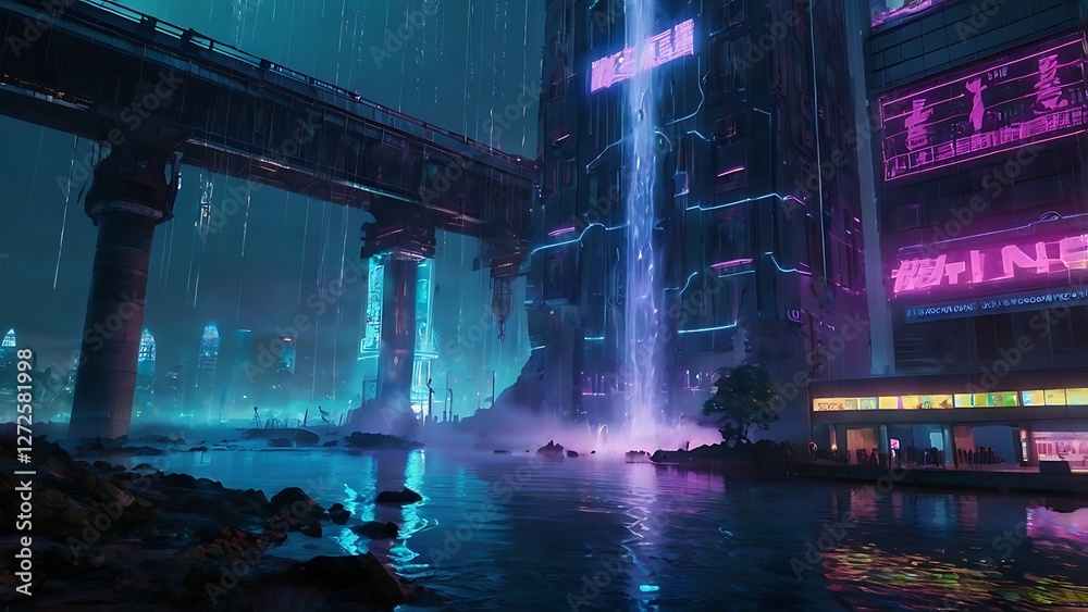Obraz premium Vibrant Cyberpunk Cityscape at Night