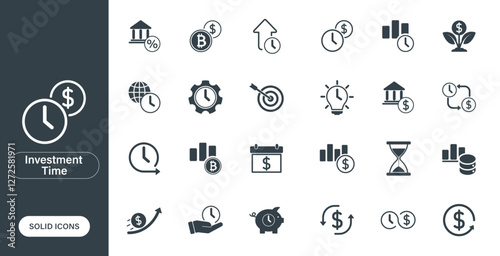 Vector icons related to investment time, business finance, analysis and cash flow. Solid icons in a minimal, lightweight style.