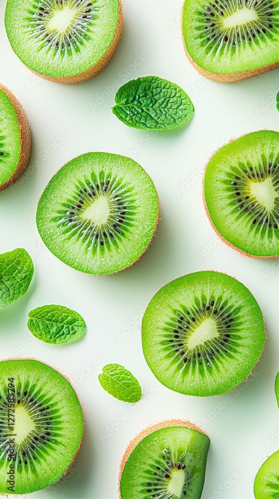 Fototapeta premium Bright and refreshing kiwi fruit slices are artfully displayed alongside mint leaves, showcasing their unique texture and color against a clean, white background