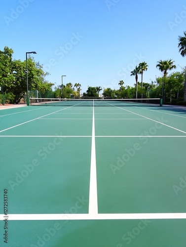 Wallpaper Mural Bright Sunny Tennis Court Surrounded by Lush Palm Trees Under Clear Blue Sky : Generative AI Torontodigital.ca