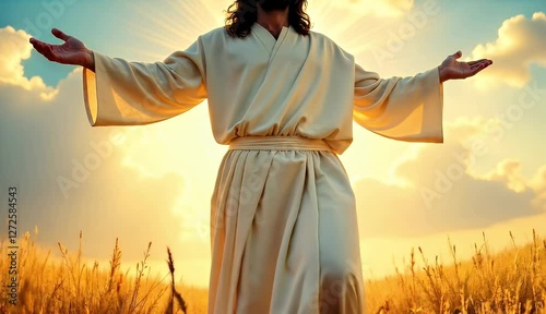 Jesus Christ standing in a wheat field during a sunset, arms outstretched. A powerful image of faith and spirituality.