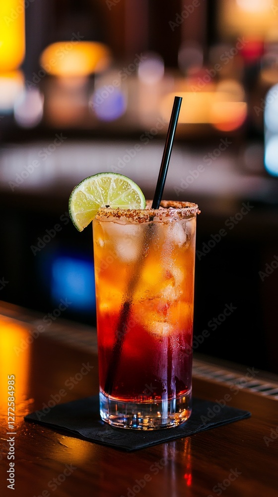 Refreshing cocktail with lime garnish served in a bar setting with blurred background Refreshing cocktail with lime garnish served in a bar setting with blurred background