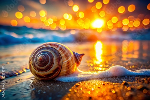 Seashell with Bokeh Ocean Background - Coastal Nature Stock Photo