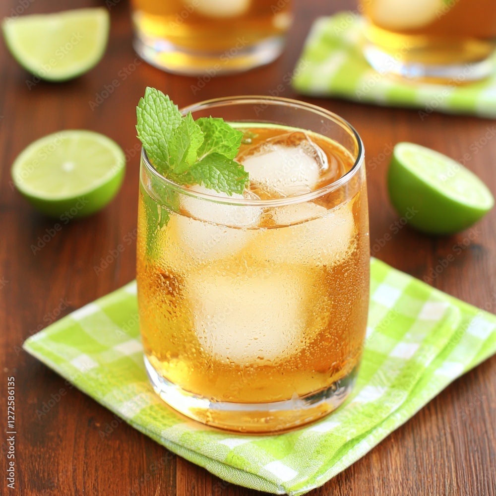 Fototapeta premium Refreshing iced beverage with mint and lime on a wooden table setting